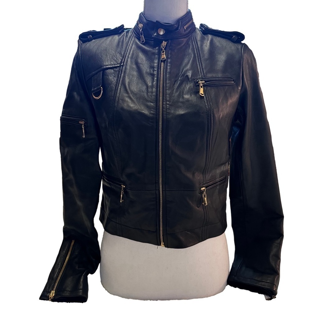 GILI Leather Black Moto Jacket Coat Size 4 Gold Hardware Pockets Zippers NEW